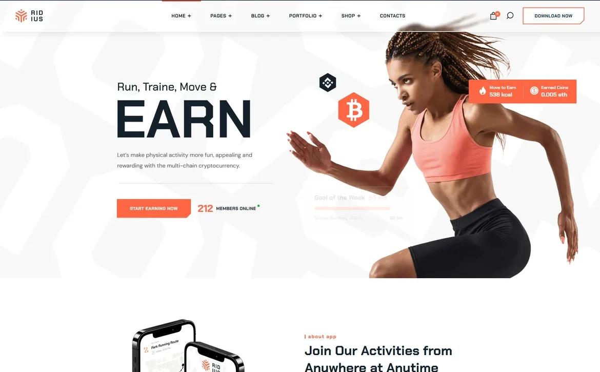 Ridius – Move-to-earn fitness app WordPress Theme