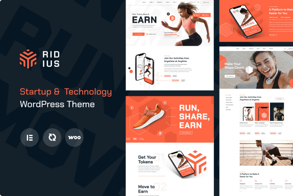 Ridius Startup Technology (Move-to-Earn Fitness) WordPress Theme