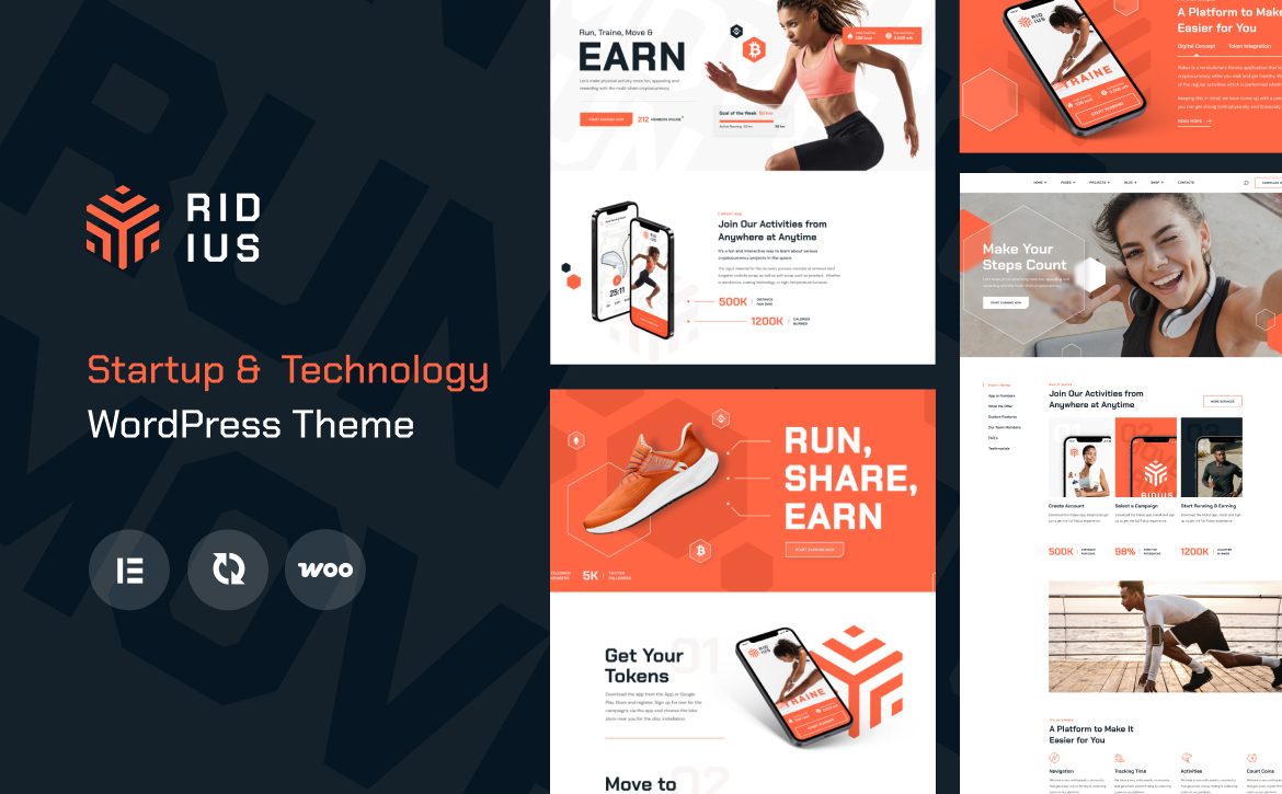Ridius Startup Technology (Move-to-Earn Fitness) WordPress Theme