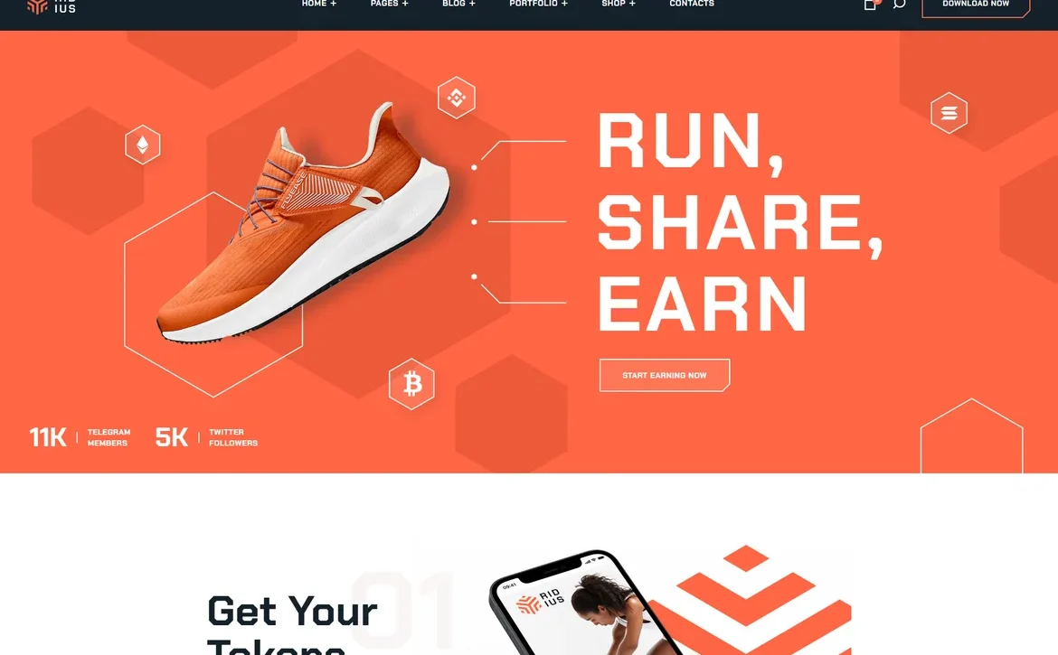 Ridius – Run and earn tokens WordPress Theme