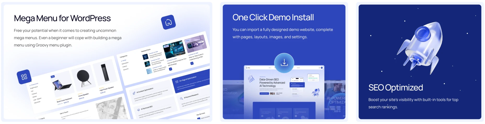 Unixy WordPress theme — mega menu, one-click demo install, and built-in SEO optimization features