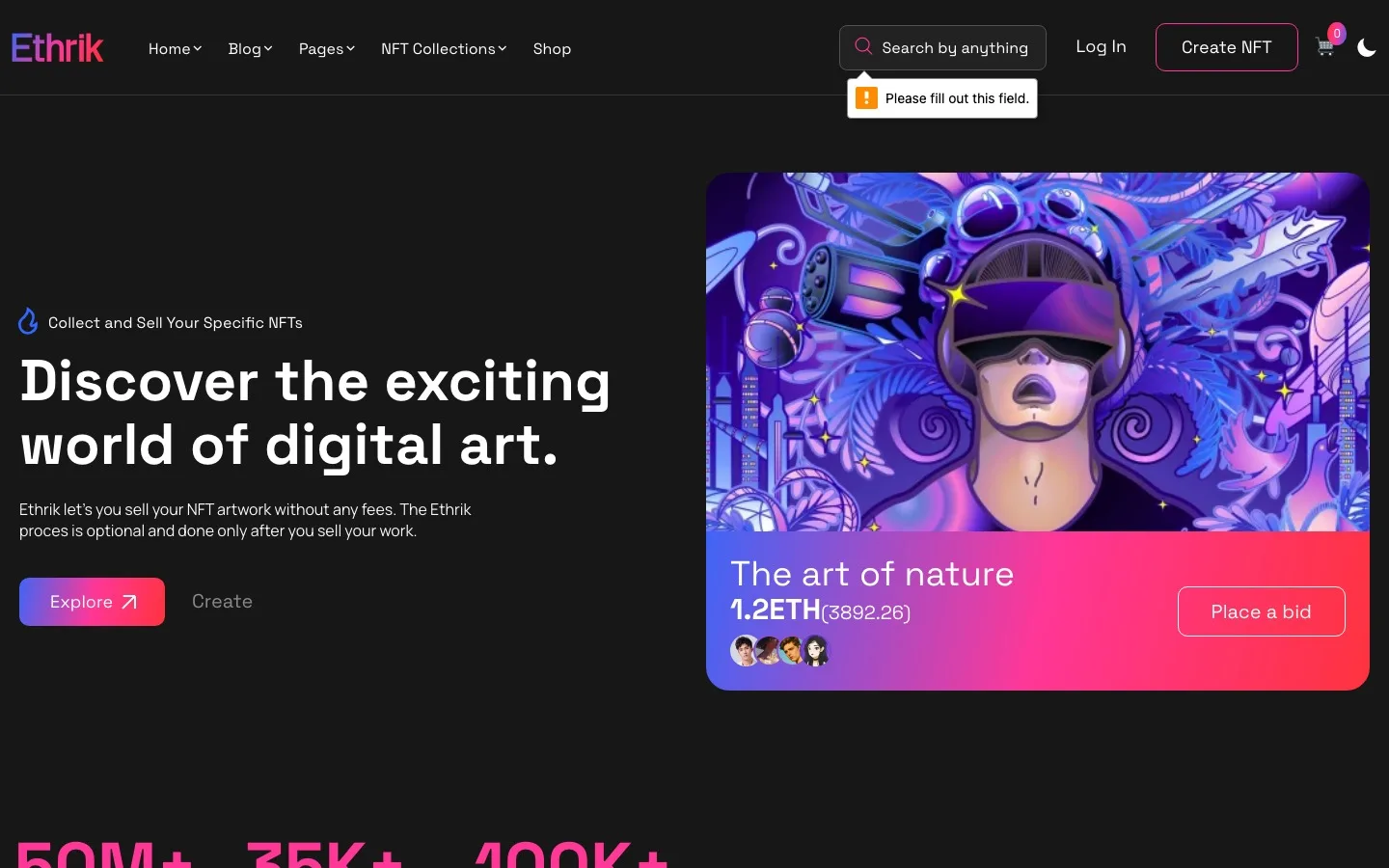 Ethrik NFT marketplace and crypto art WordPress theme
