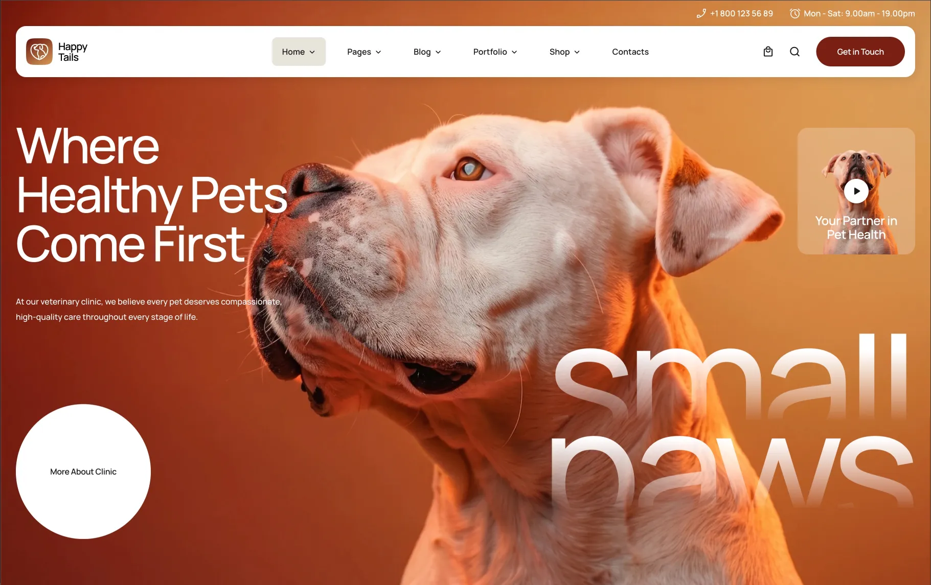 Happytails pet care WordPress theme — Veterinary Clinic demo hero section with warm animal photography