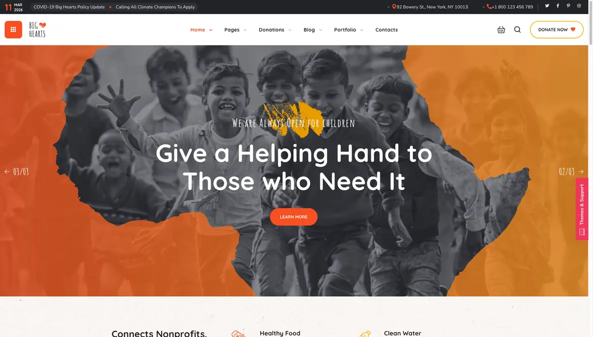 BigHearts charity and donation WordPress theme homepage demo