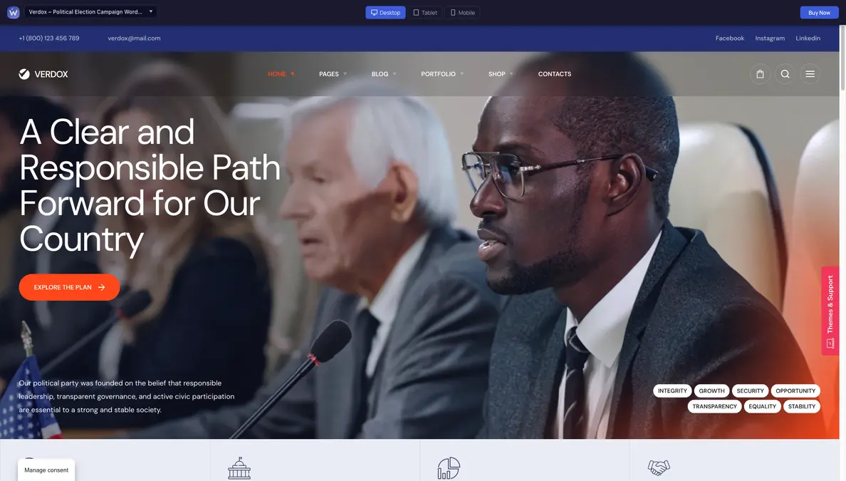 Verdox political campaign and nonprofit WordPress theme homepage demo