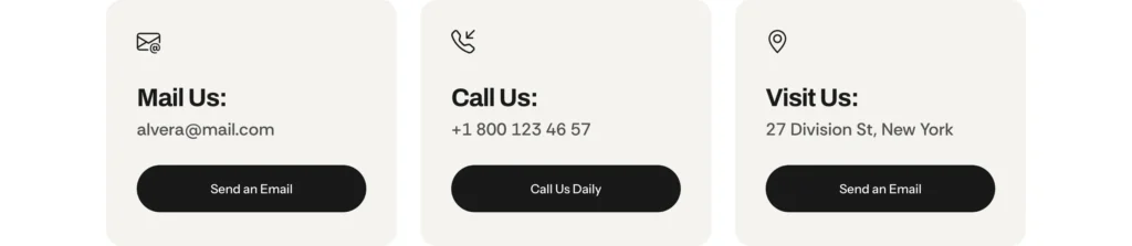 Alvera WordPress theme – Contacts page showing Mail Us, Call Us, and Visit Us contact detail blocks with icons and CTA buttons