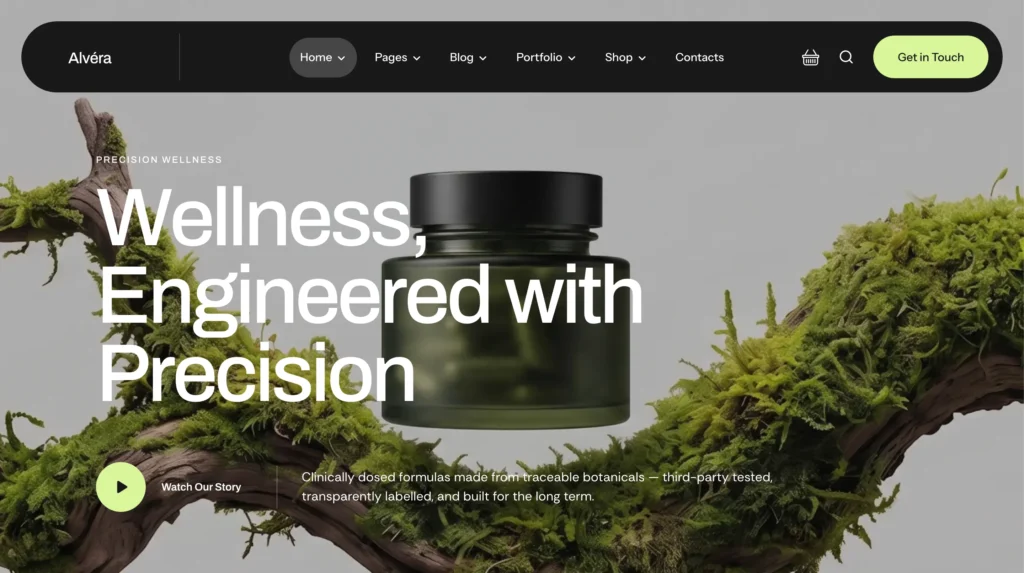Alvera WordPress theme – Main Home demo with Precision Wellness hero section, stat counters, and botanical supplement imagery