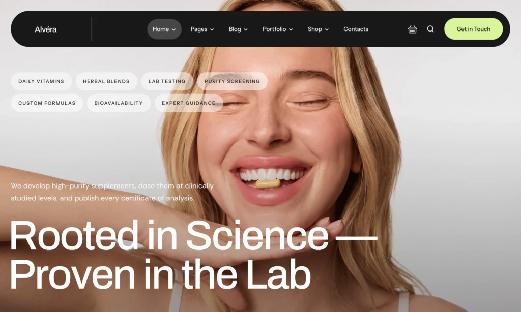 Alvera WordPress theme – Vitamins Store homepage with science-backed hero messaging, product badges, and trusted formula positioning