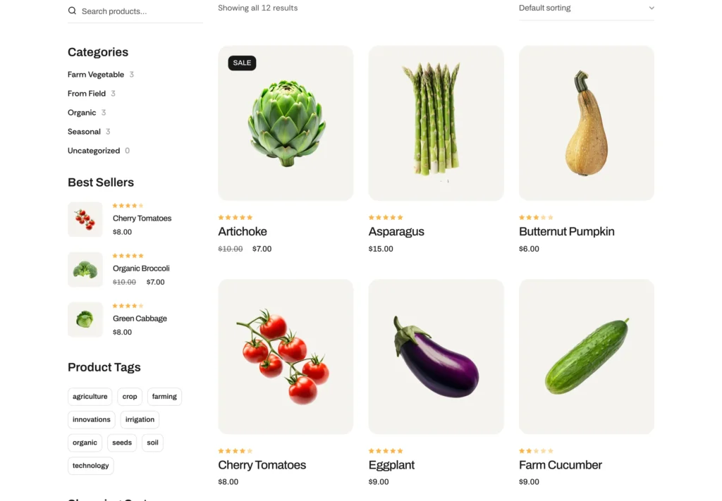 Alvera WordPress theme – WooCommerce shop page with sidebar category filter, product grid, AJAX filtering, and wishlist and compare actions
