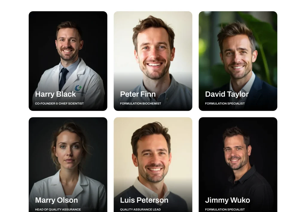 Alvera WordPress theme – Our Team page showing six team member cards with names and roles including Co-Founder, Formulation Biochemist, and Quality Assurance Lead