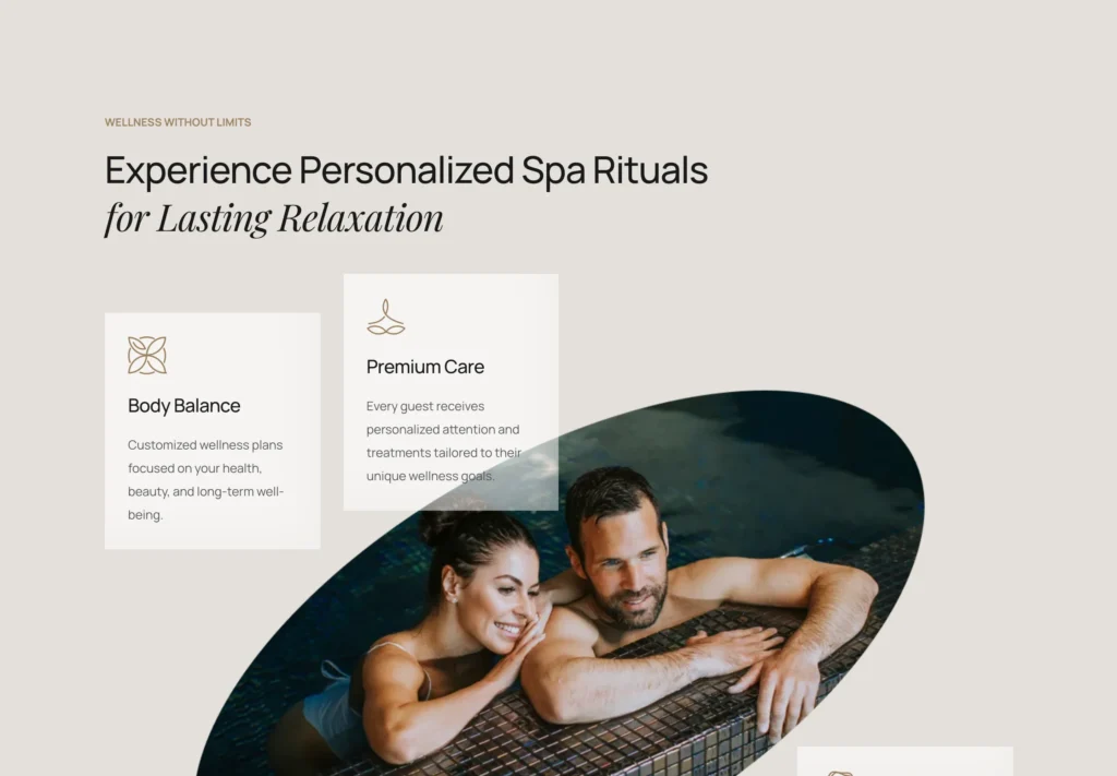 Elyora spa WordPress theme – About Us page with personalised spa ritual sections