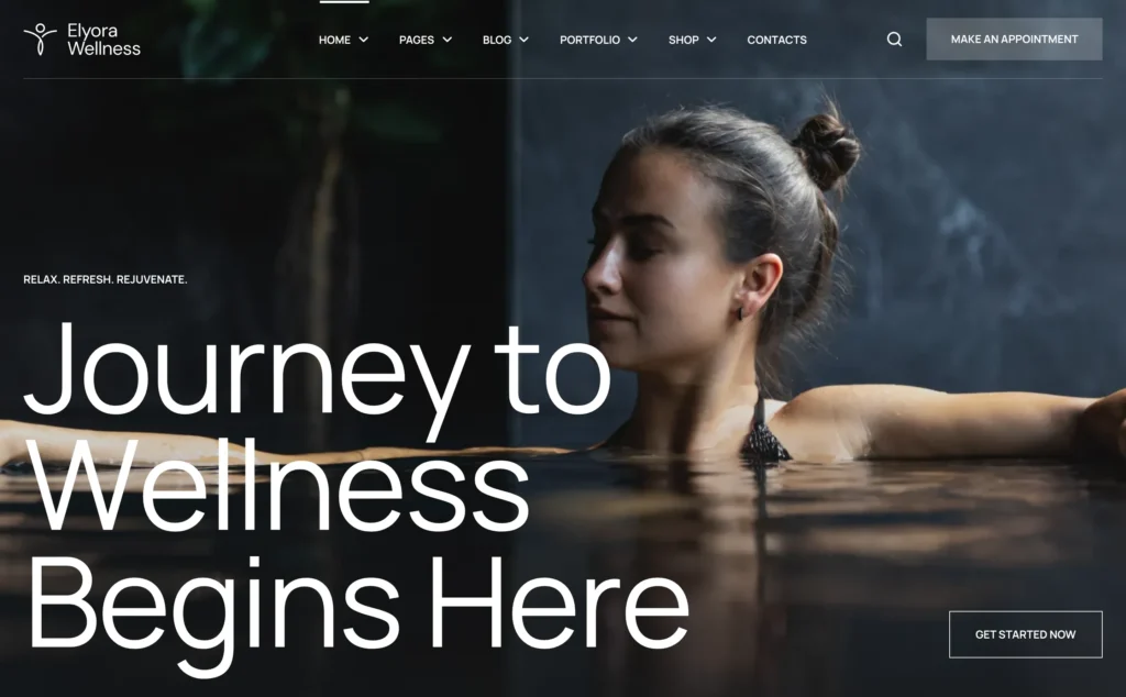 Elyora spa WordPress theme — Homepage 1 hero: Journey to Wellness Begins Here, with dramatic spa pool imagery
