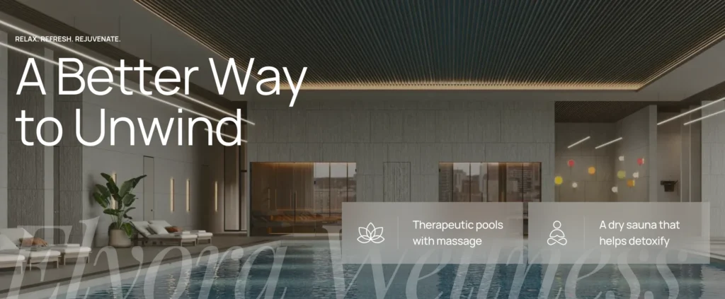 Elyora spa WordPress theme — Homepage 3 Pools & Spa: indoor pool and sauna layout with treatment tabs