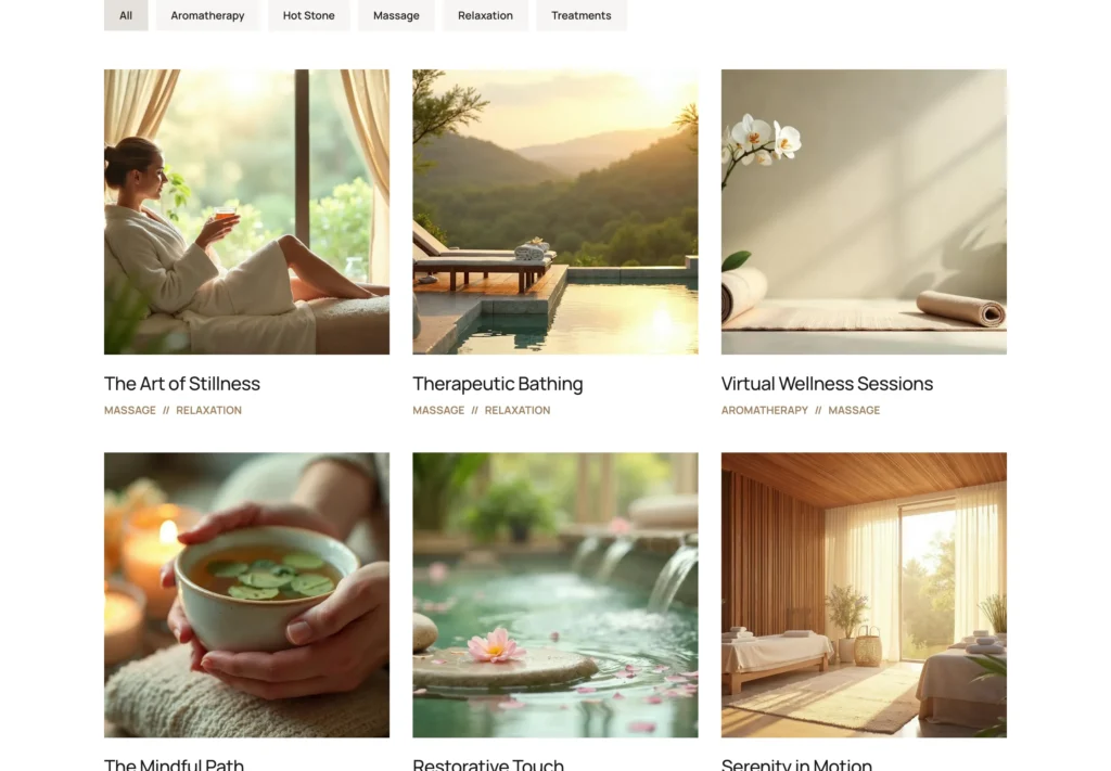 Elyora spa WordPress theme — Portfolio Grid page with filterable treatment categories: Aromatherapy, Hot Stone, Massage, Relaxation, Treatments