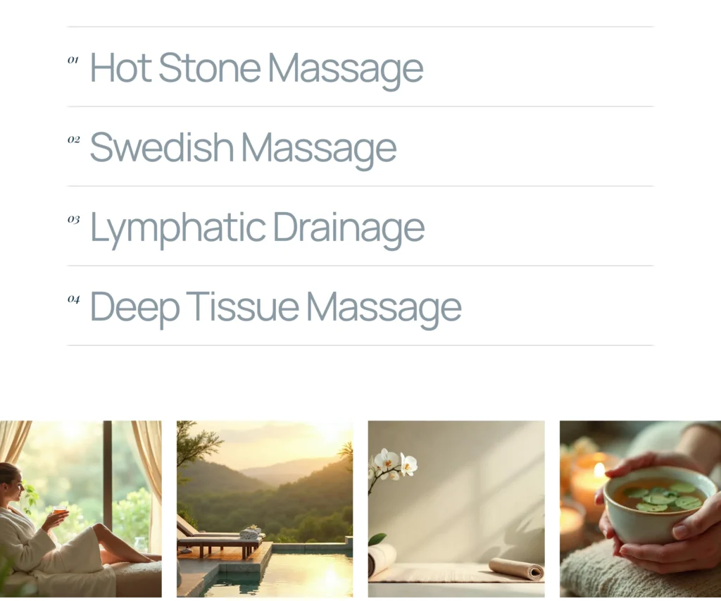 Elyora spa WordPress theme — Services page: accordion treatment list with Hot Stone Massage, Swedish Massage, Lymphatic Drainage