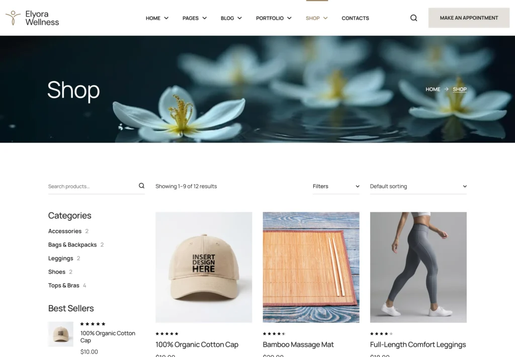 Elyora spa WordPress theme — WooCommerce shop page with category sidebar and product grid