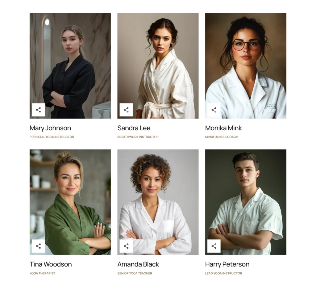 Elyora spa WordPress theme — Team page showing therapist grid with Prenatal Yoga Instructor, Breathwork Instructor, Mindfulness Coach
