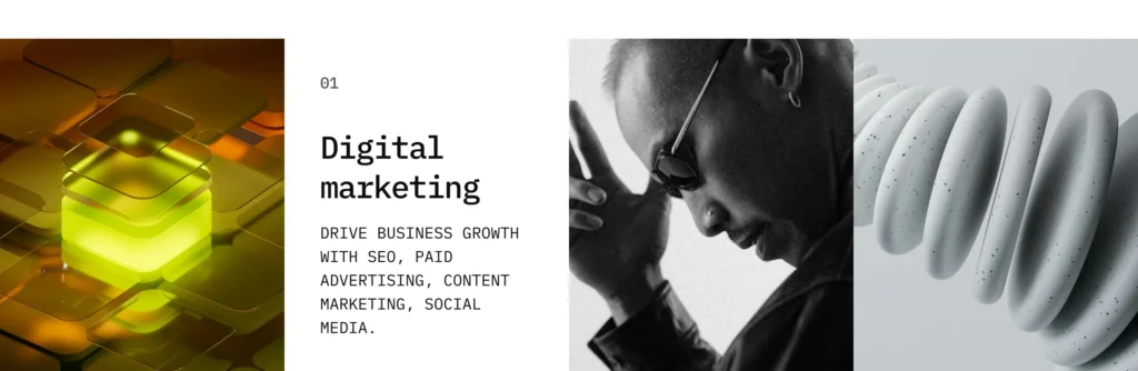 Intrix WordPress theme — About Us page showing Digital marketing services with three-column editorial layout