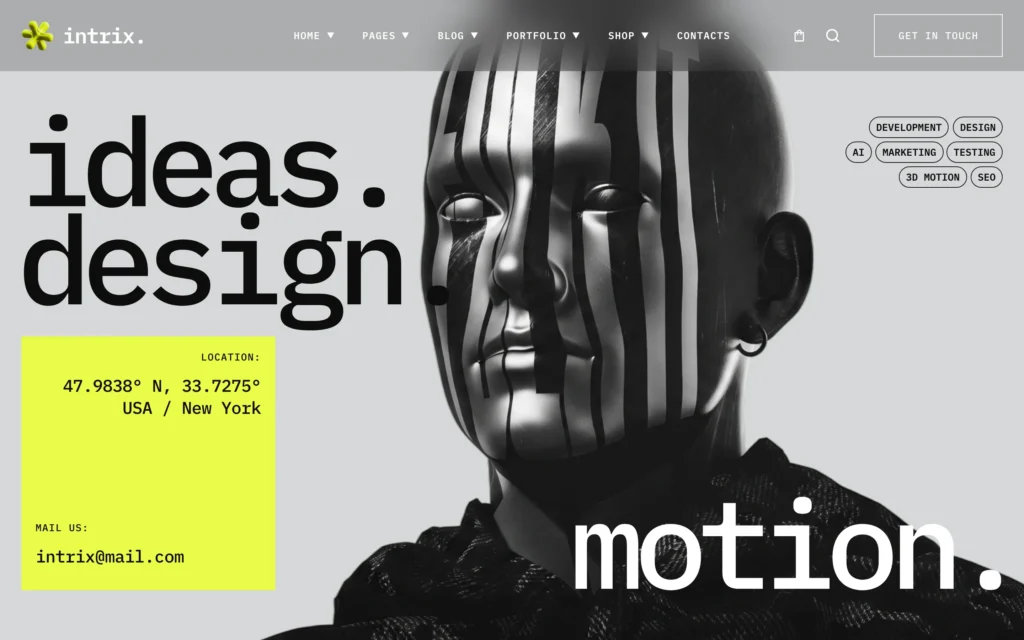 Intrix WordPress theme — homepage 3: ideas.design. kinetic type animation with creative studio layout