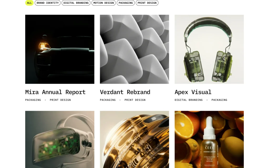 Intrix WordPress theme — portfolio grid page with category filters: All, Brand Identity, Digital Branding, Motion Design, Packaging, Print Design