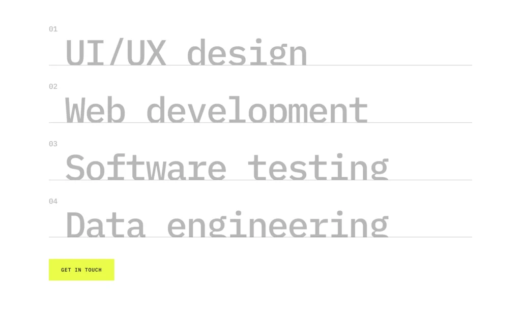 Intrix WordPress theme — Our Services page: striped service accordion with UI/UX design, Web development, Software testing, Data engineering