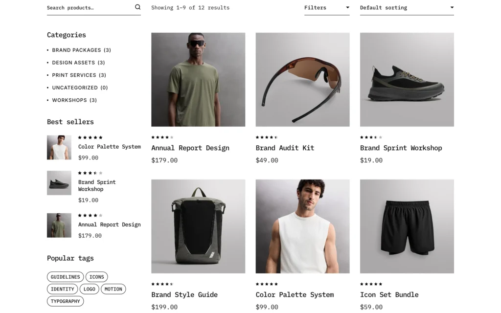 Intrix WordPress theme — WooCommerce shop page showing brand packages, design assets, print services and workshop listings