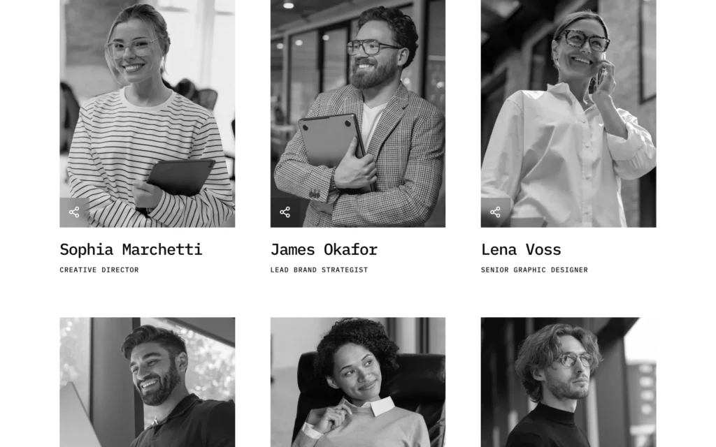 Intrix WordPress theme — Our Team page with Creative Director, Lead Brand Strategist and Senior Graphic Designer cards in monochrome