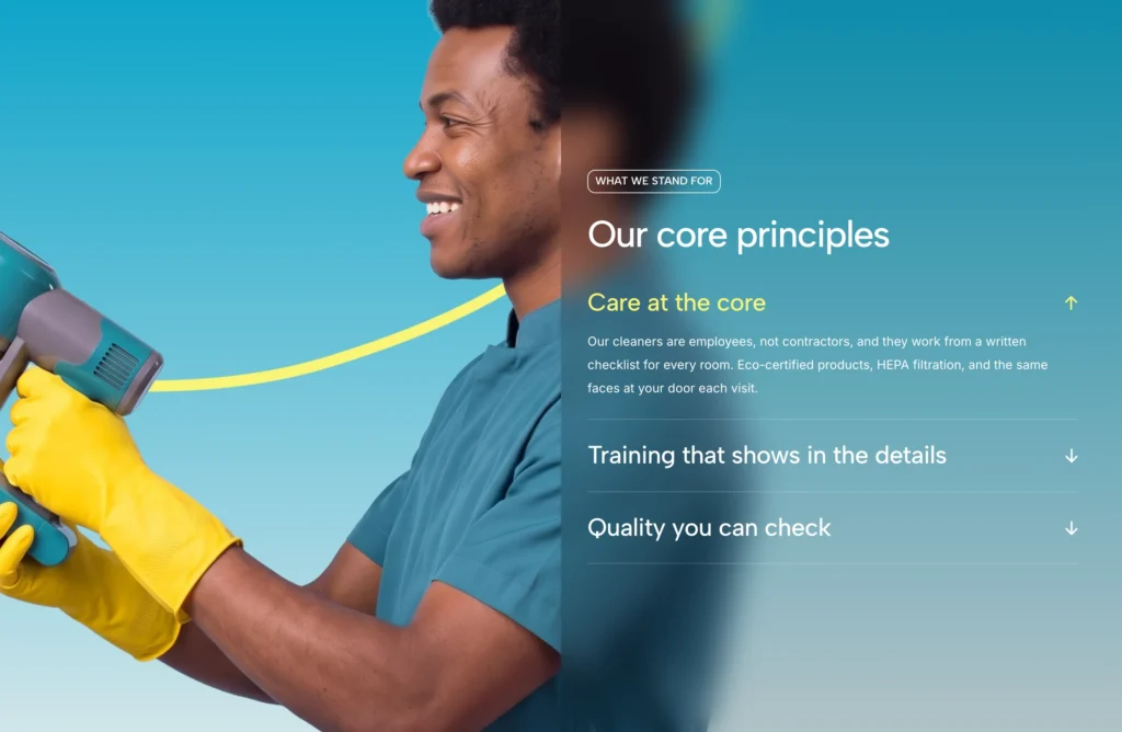 Klara cleaning agency WordPress theme – Homepage 1 hero with booking call to action