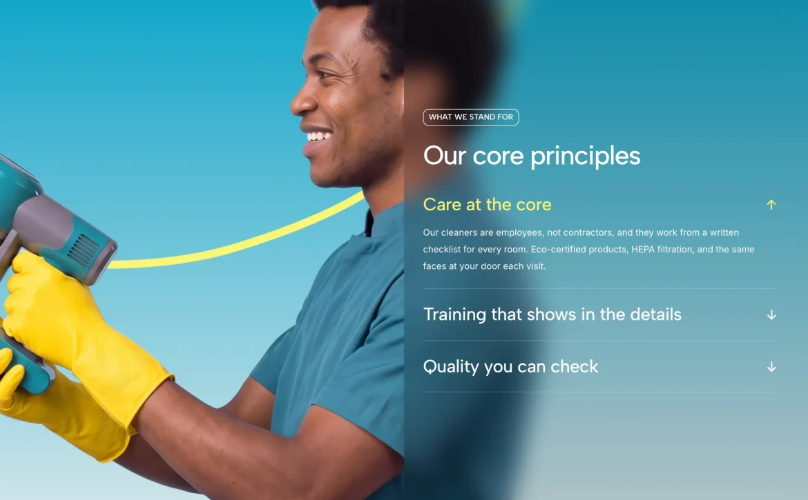 Klara cleaning agency WordPress theme – Homepage 1 hero with booking call to action
