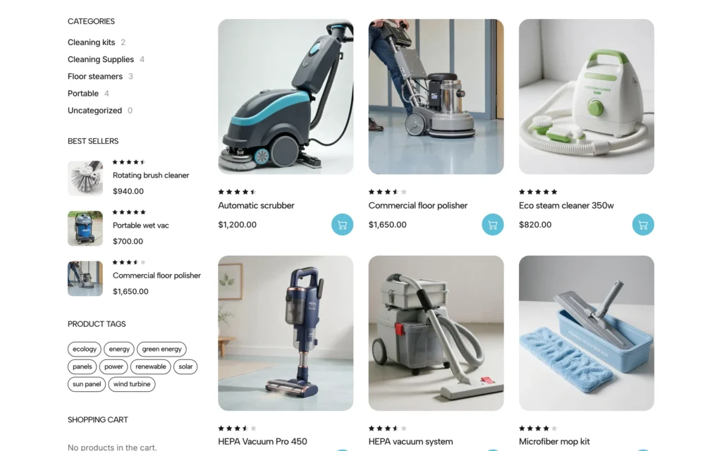 Klara WordPress theme - WooCommerce shop with cleaning equipment, prices and product filters