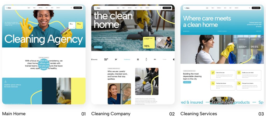 Klara WordPress theme - Homepage 2 demo for a cleaning company