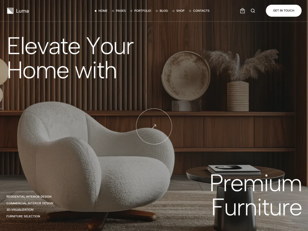 Luma WordPress theme — Furniture Store demo homepage with hero section, armchair photography and service categories