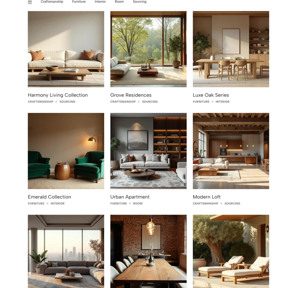Luma WordPress theme — portfolio grid page with AJAX category filters: Craftsmanship, Furniture, Interior, Room, Sourcing