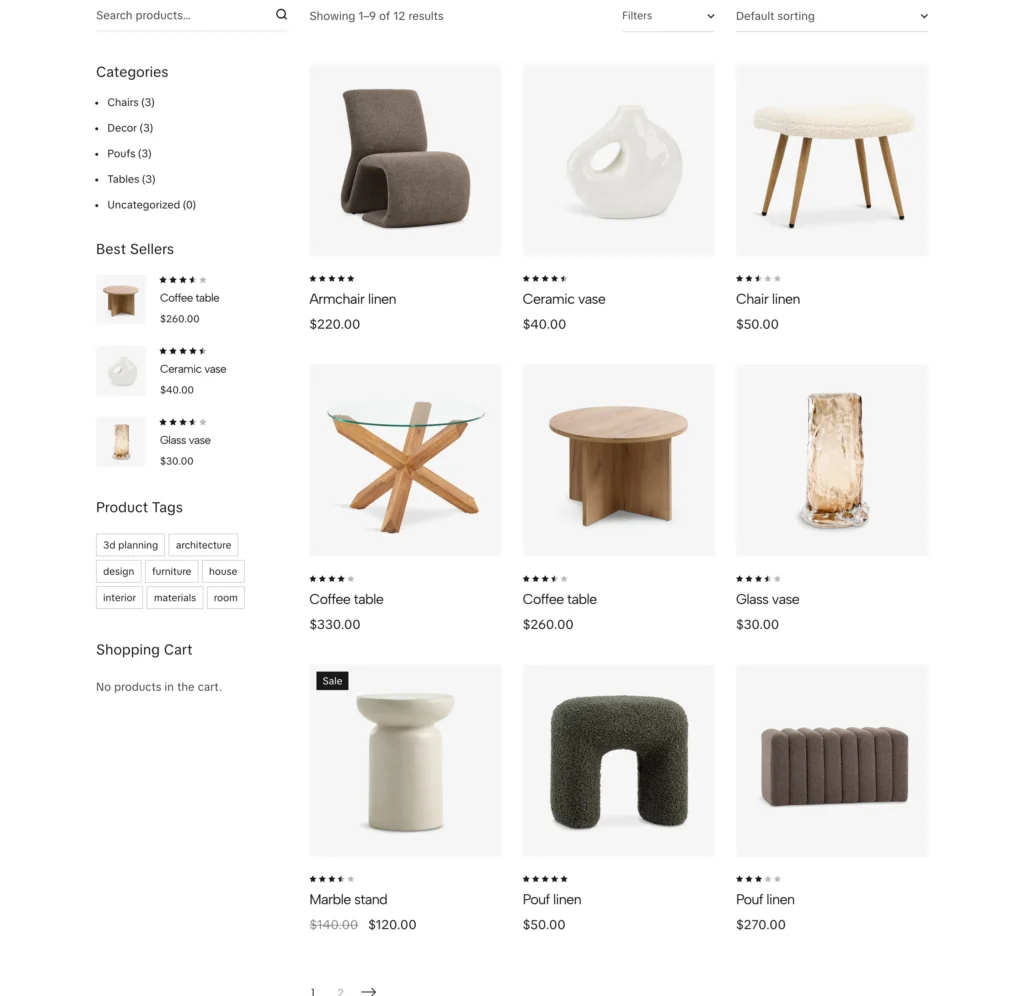 Luma WordPress theme — WooCommerce shop page showing furniture product grid with chairs, tables, poufs and decor items