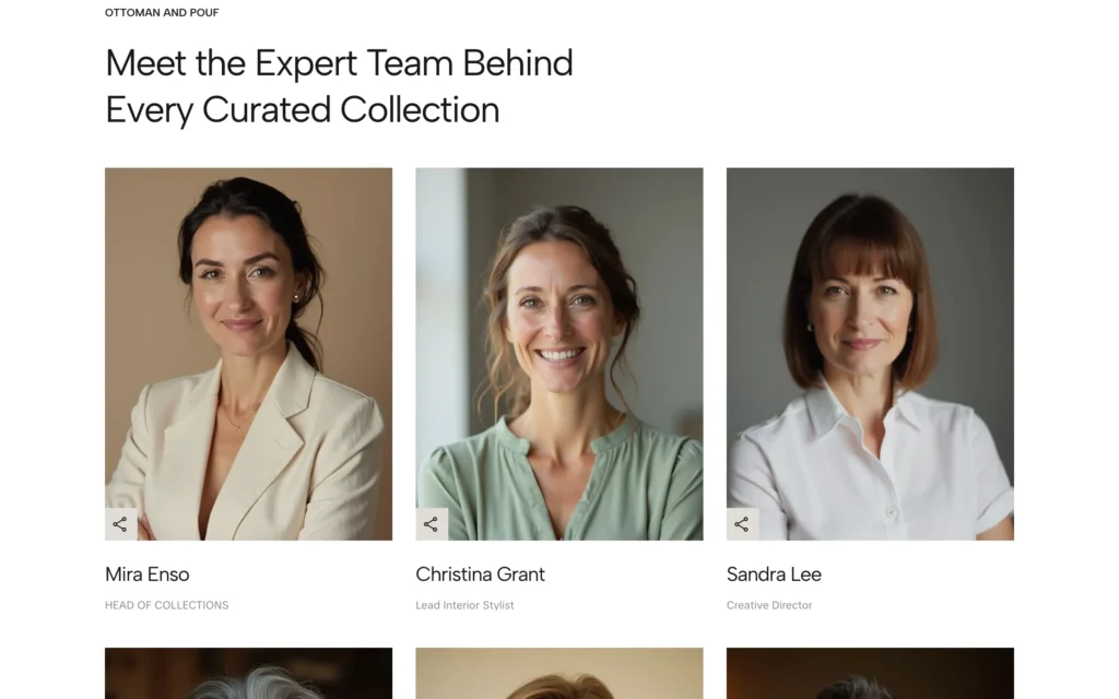 Luma WordPress theme — Our Team page showing three-column team grid with Head of Collections, Lead Interior Stylist and Creative Director