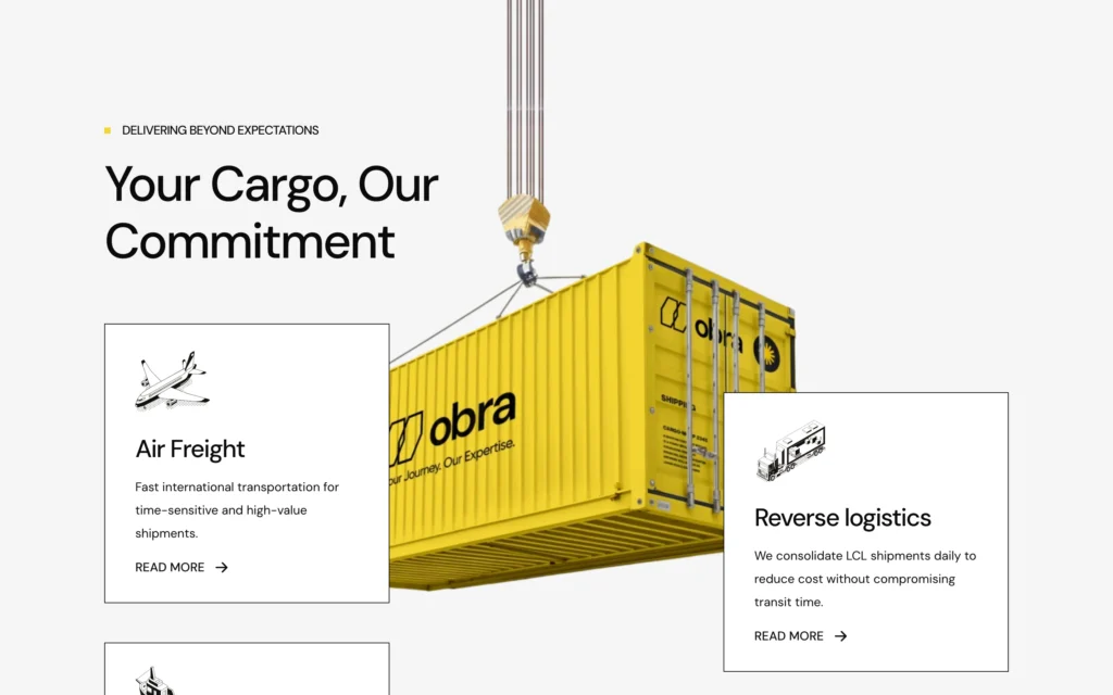 Obra Elementor widgets – Your Cargo Our Commitment section with Air Freight and Reverse Logistics service cards