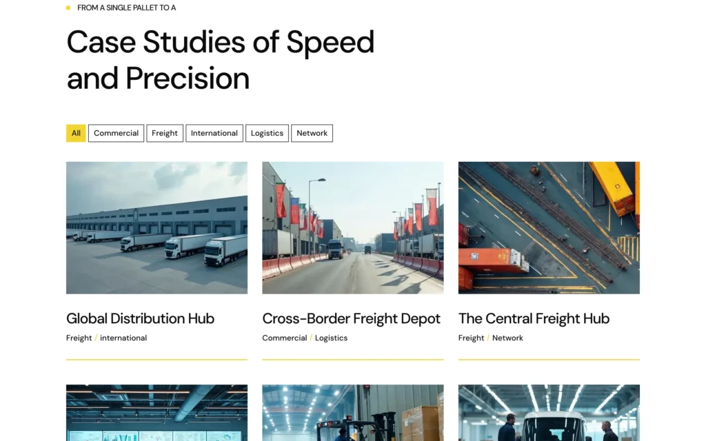 Obra WordPress theme – Portfolio grid showing Case Studies of Speed and Precision with freight and logistics category filters