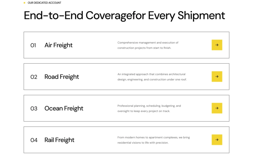 Obra WordPress theme – Services page: End-to-End Coverage for Every Shipment with Air Road Ocean and Rail Freight accordion