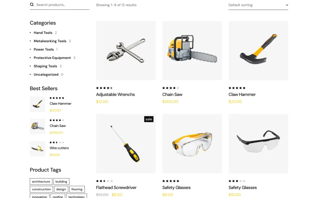 Obra WordPress theme – WooCommerce shop with Hand Tools and Power Tools categories, product grid, Smart Compare and Smart Wishlist