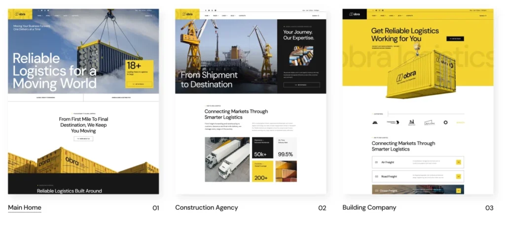 Obra WordPress theme – Homepage 3: Get Reliable Logistics Working for You with branded container visual